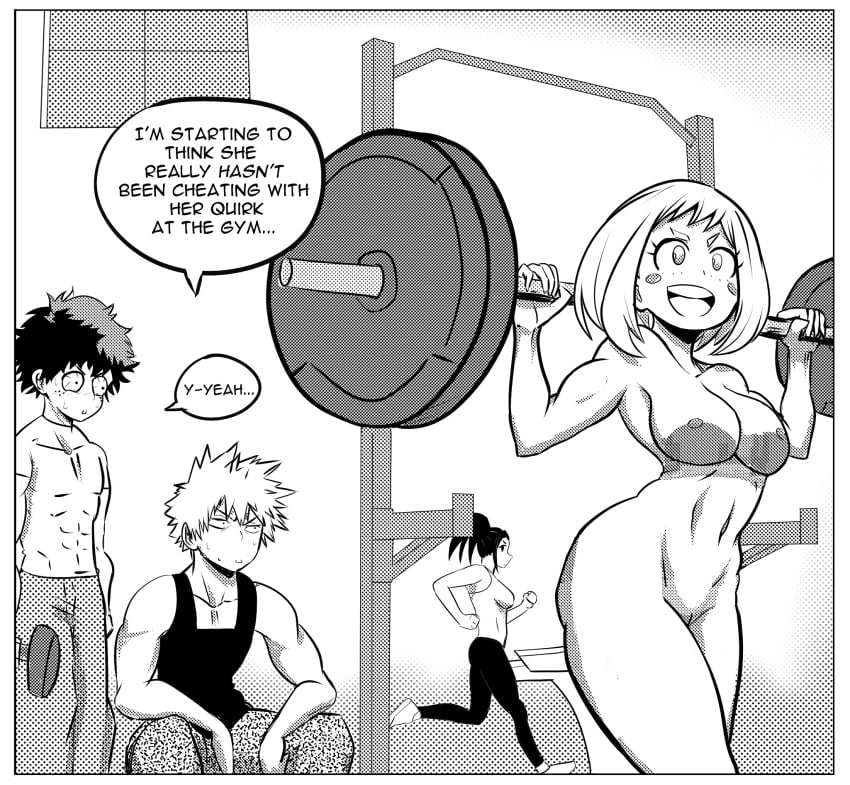 2boys 2girls artist_request clothed_male_nude_female completely_nude english_text female gym izuku_midoriya katsuki_bakugou lifting_weights looking_at_another male momo_yaoyorozu muscular muscular_female my_hero_academia naked naked_female nude nude_female nude_in_public ochako_uraraka ogling public_nudity source_request speech_bubble staring text training workout