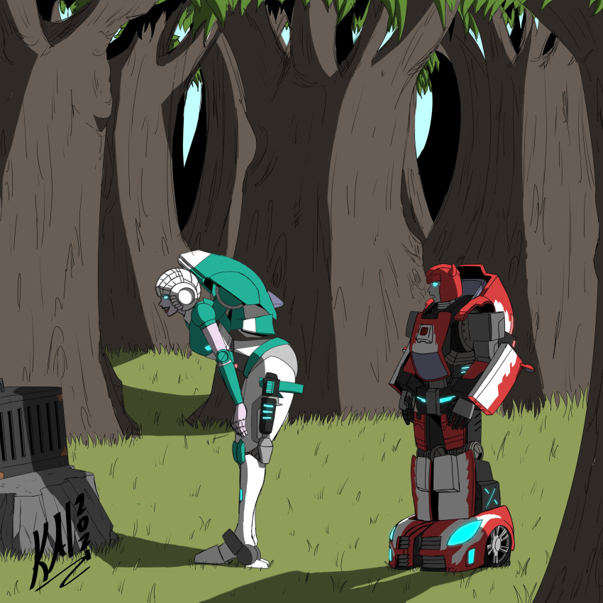 1boy 1girls backpack bending_forward bent_over blue_eyes bubble_butt cliffjumper commission female forest grass gun kairito10 larger_female lifeline_(transformers) male paradron_medic robot robot_boy robot_girl round_ass side_view staring sunlight transformers watching