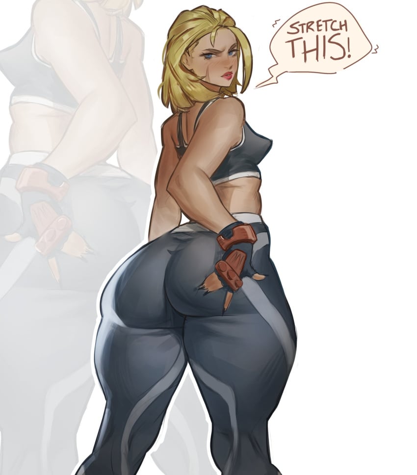 1girls ass big_ass blonde_hair blue_eyes bottom_heavy bubble_butt cammy_white crop_top dat_ass dialogue fat_ass female female_only fully_clothed gloves hand_on_ass hand_on_own_ass huge_ass large_ass lipstick looking_at_viewer looking_back pants scar solo street_fighter street_fighter_6 talking_to_viewer text thatmfdiego thick_ass thick_thighs wide_hips