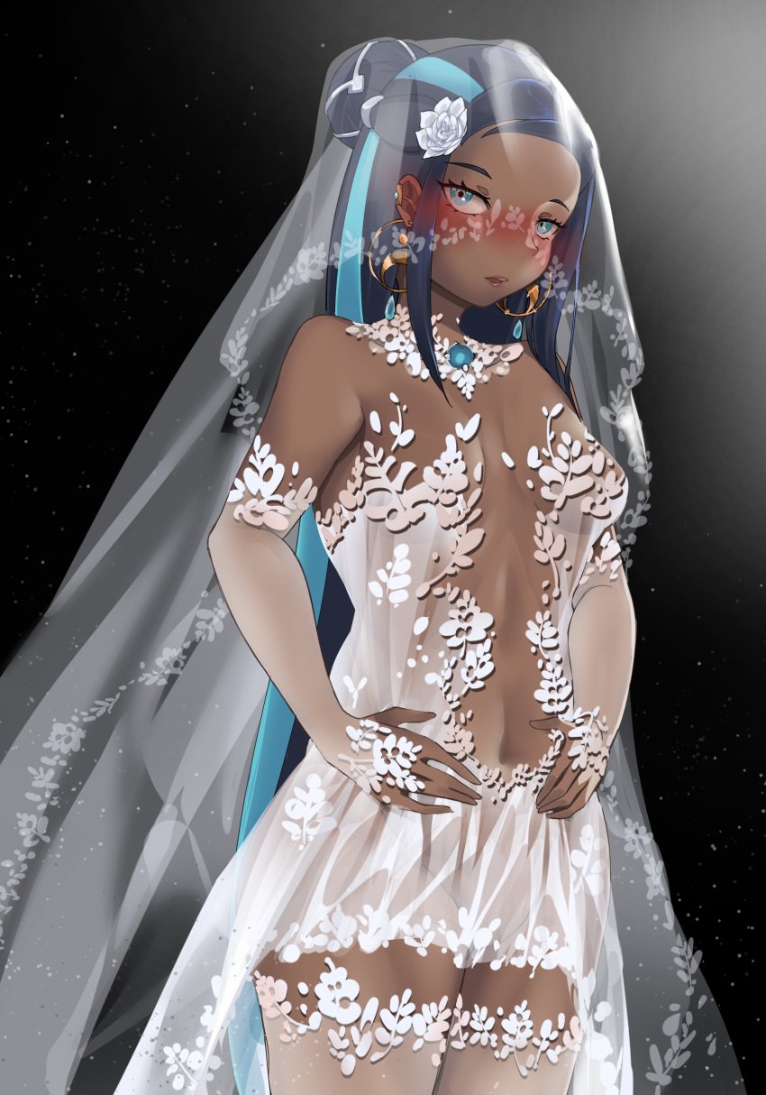 1girls blue_eyes blue_hair blue_highlights blue_streak breasts bridal_gauntlets bridal_veil bride dark-skinned_female dark_skin detached_collar dress earclip earrings edenevee gym_leader hair_bun hands_on_own_stomach highlights_(coloring) hoop_earrings large_breasts long_hair looking_at_viewer navel nessa_(pokemon) nintendo pokemon pokemon_ss strapless strapless_dress streaked_hair thighhighs veil wedding_dress white_dress