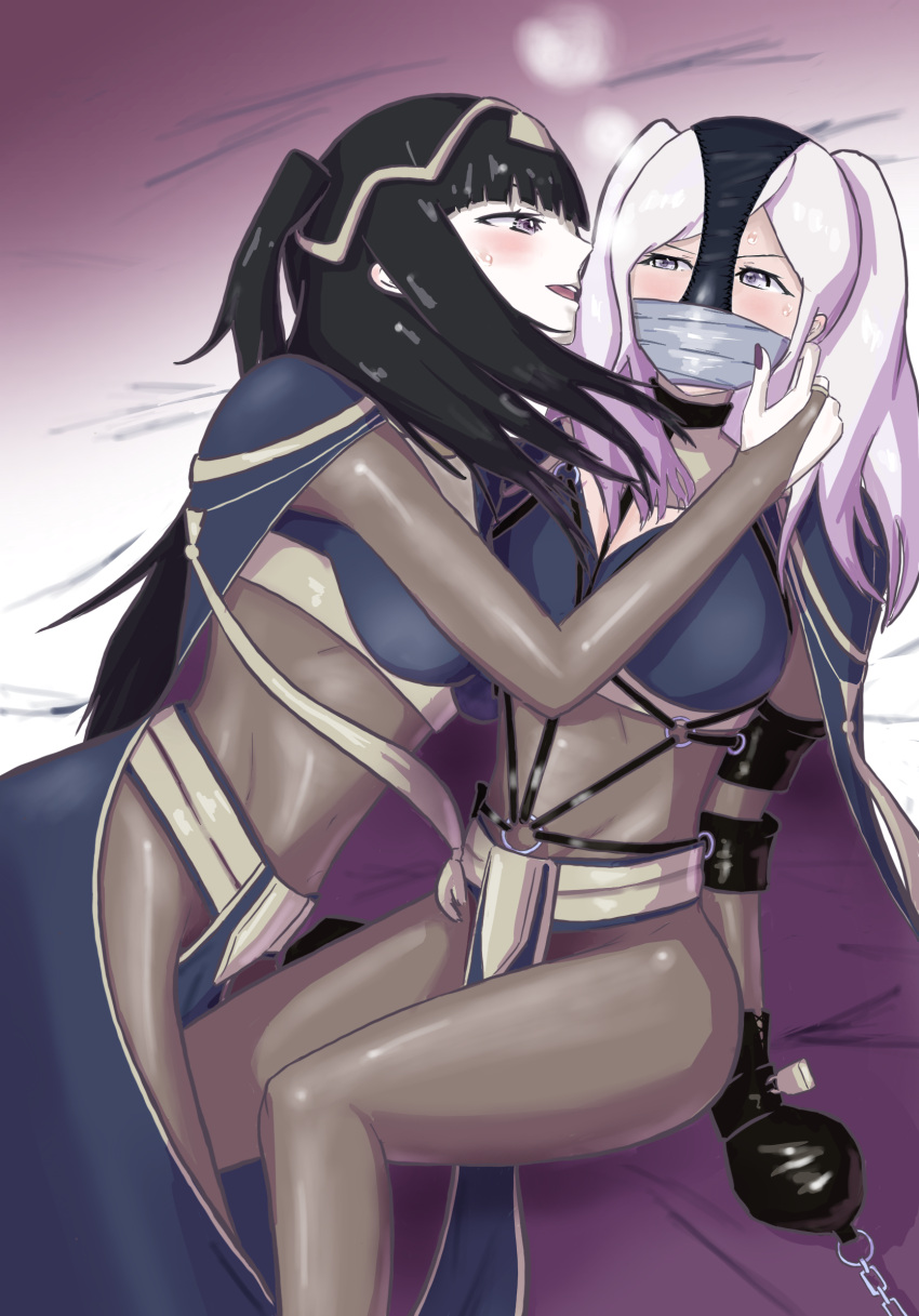 2girls alternate_costume black_panties bodystocking bondage bound breasts chains cosplay duct_tape female female_only femdom femsub fire_emblem fire_emblem_awakening full_bodystocking gag gagged harness improvised_gag intelligent_systems large_breasts multiple_girls musk nintendo object_on_head panties panties_on_head power_(artist) restrained robin_(fire_emblem) robin_(fire_emblem)_(female) smell sniffing tape tape_gag taped_mouth tharja_(fire_emblem) tharja_(fire_emblem)_(cosplay) underwear yuri