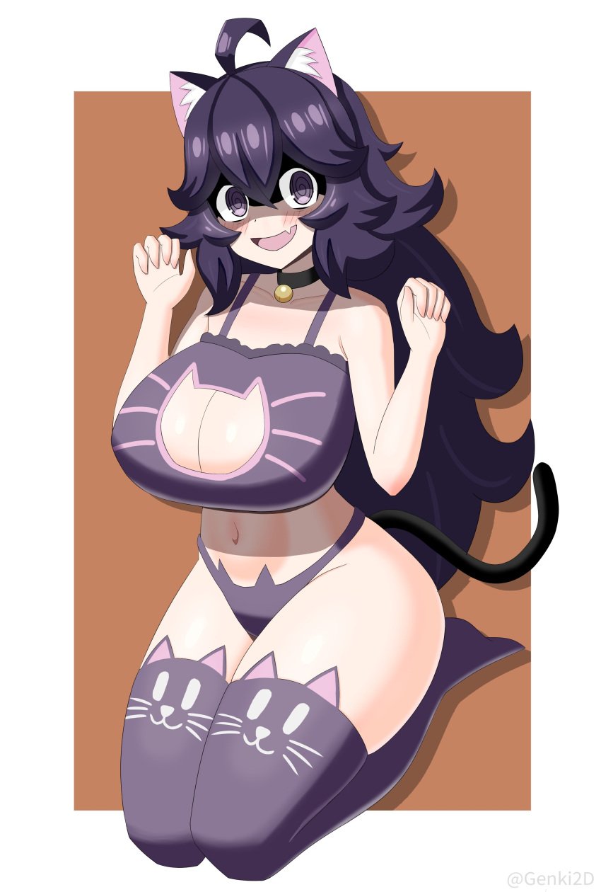 1girls animal_ear_fluff animal_ears bell bell_choker black_choker bra breasts cat_cutout cat_ear_panties cat_ears cat_keyhole_bra cat_keyhole_lingerie cat_lingerie cat_tail cat_thighighs choker cleavage_cutout fake_animal_ears fake_tail genki2d hair_between_eyes hex_maniac huge_breasts jingle_bell jingle_bell_collar kneeling lingerie looking_at_viewer midriff navel nintendo panties pokemon pokemon_xy purple_bra purple_eyes purple_hair purple_lingerie purple_panties purple_thighhighs thighhighs thighs very_long_hair white_fluff