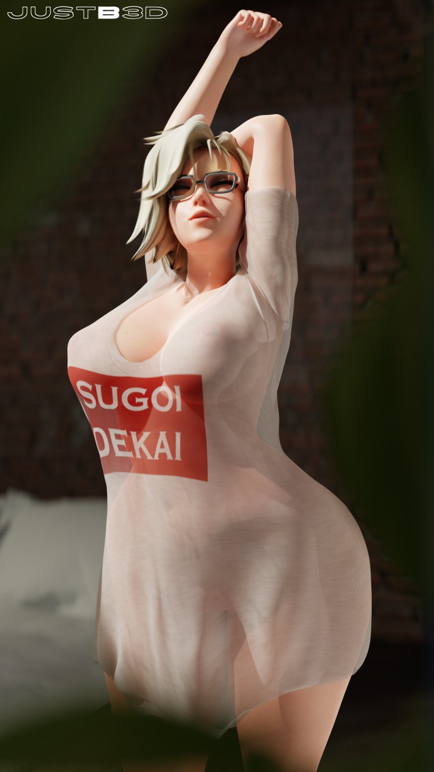 1girls 3d 4k absurdres areolae big_breasts blender breasts female female_only highres justb3d large_breasts mercy nipples overwatch solo thick_thighs transparent_clothing wide_hips