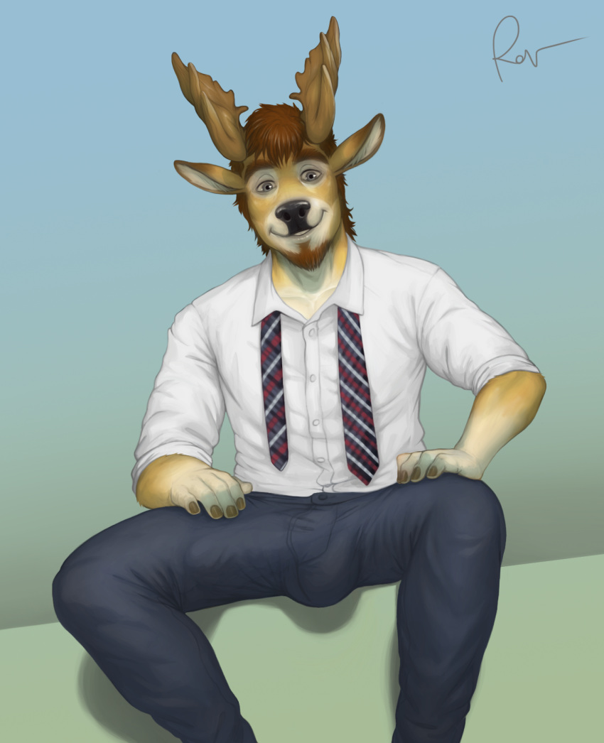 2023 anthro antlers bottomwear bulge clothed clothing collarbone deer eyebrows fingers fully_clothed fur genital_outline gradient_background hair hi_res horn jegermaistro looking_at_viewer male mammal necktie pants penis_outline rov signature simple_background undone_tie