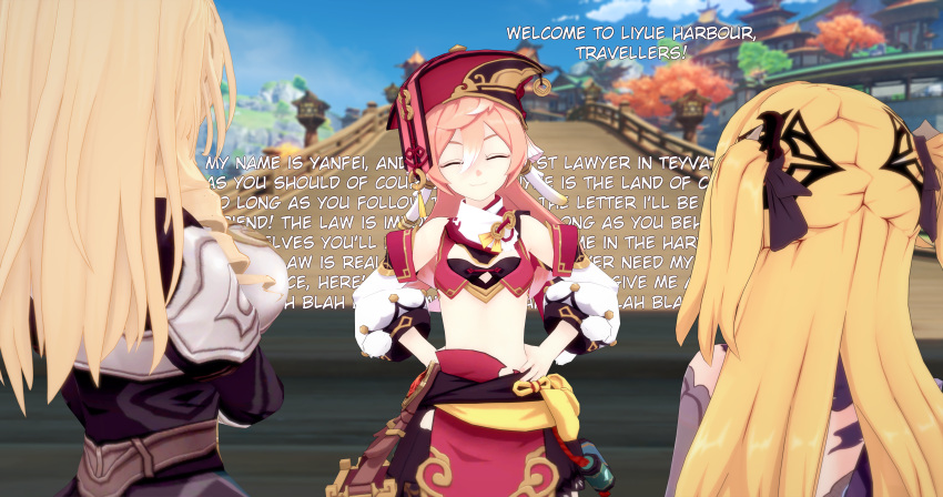 blonde_hair english_text fischl_(genshin_impact) genshin_impact leslie_leblanc_(rubypsilanti) pink_hair rubypsilanti self_upload tagme yanfei_(genshin_impact)