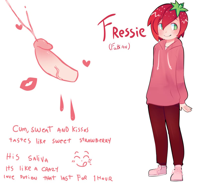 1boy anthro character_name character_sheet cute cute_face cute_male erection fressie_(valerednsfw) kiss_mark kissing male male_only penis pink_hair solo standing sweat text unusual_cum unusual_hair valerednsfw