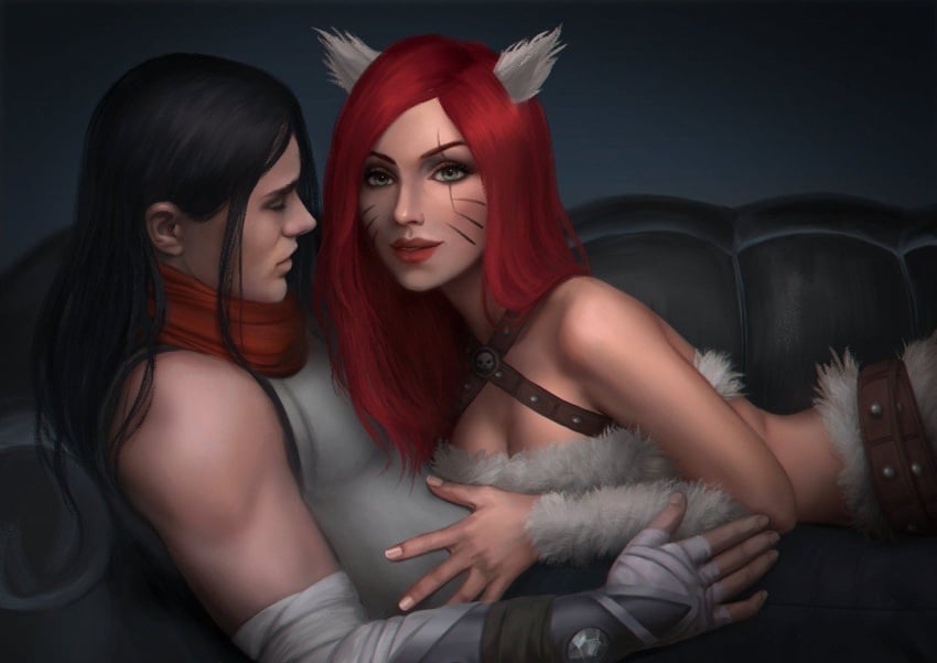 1boy 1girls armchair cat_ears female harrowing_series incest katarina_du_couteau kitty_cat_katarina league_of_legends leash male red_hair scarf simple_background stepbrother_and_stepsister tales_from_the_rift_series talon_du_couteau