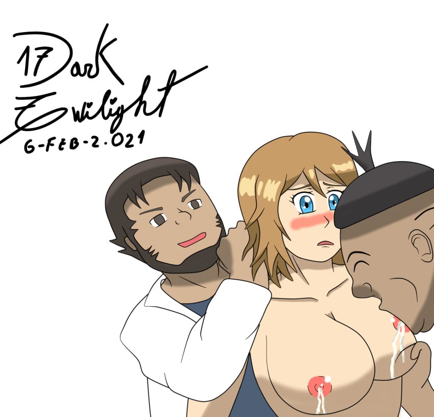 big_breasts birch_(pokemon) blue_eyes breast_grab breast_sucking breasts brown_hair female male milk pokemon serena_(pokemon) serena_(pokemon_games) sucking_nipples tierno_(pokemon)