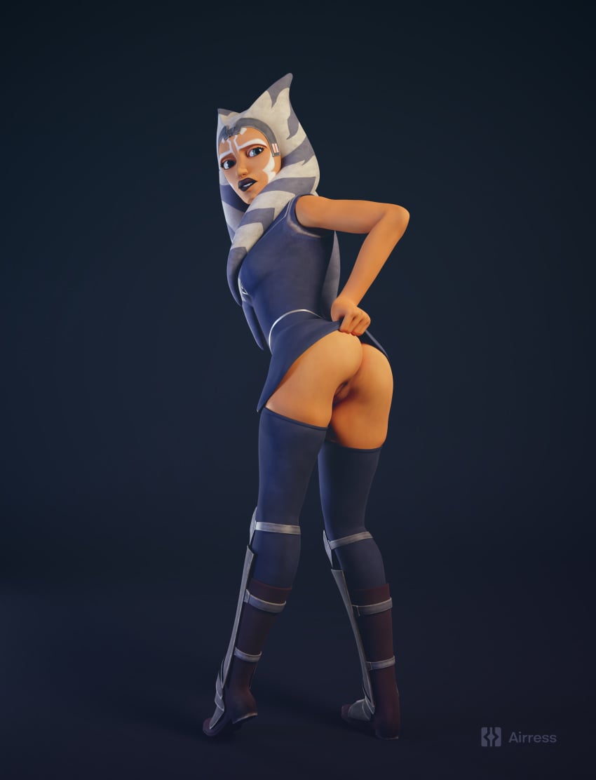 1girls 3d ahsoka_tano airress3d airress3d_(3d-modeller) alien alien_girl armor ass athletic athletic_female back_view biting_lip biting_own_lip blender breasts clone_wars clothed clothing face_markings facial_markings female female_only half-dressed half_naked jedi legwear lekku lekku_(anatomy) looking_at_viewer looking_back medium_breasts no_panties nude nude_female orange_body orange_skin petite petite_body pose posing presenting presenting_ass presenting_pussy pussy pussy_lips pussy_peek simple_background small_breasts solo standing star_wars the_clone_wars:_season_seven togruta topwear vagina viewed_from_behind watermark