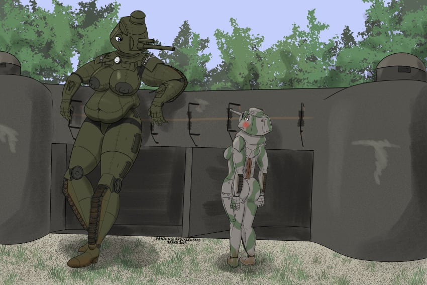 2023 absurd_res anthro belly big_belly big_breasts blue_eyes blush breasts brown_eyes bunker casual_nudity char_2c chubby_female colored deep_navel duo female female/female france green_body grey_body hi_res living_machine living_tank living_vehicle machine navel nipples nonsexual_nudity panzerschreckleopard plant size_difference somua somua_s-35 tank tankmorph tree vehicle world_war_1 world_war_2