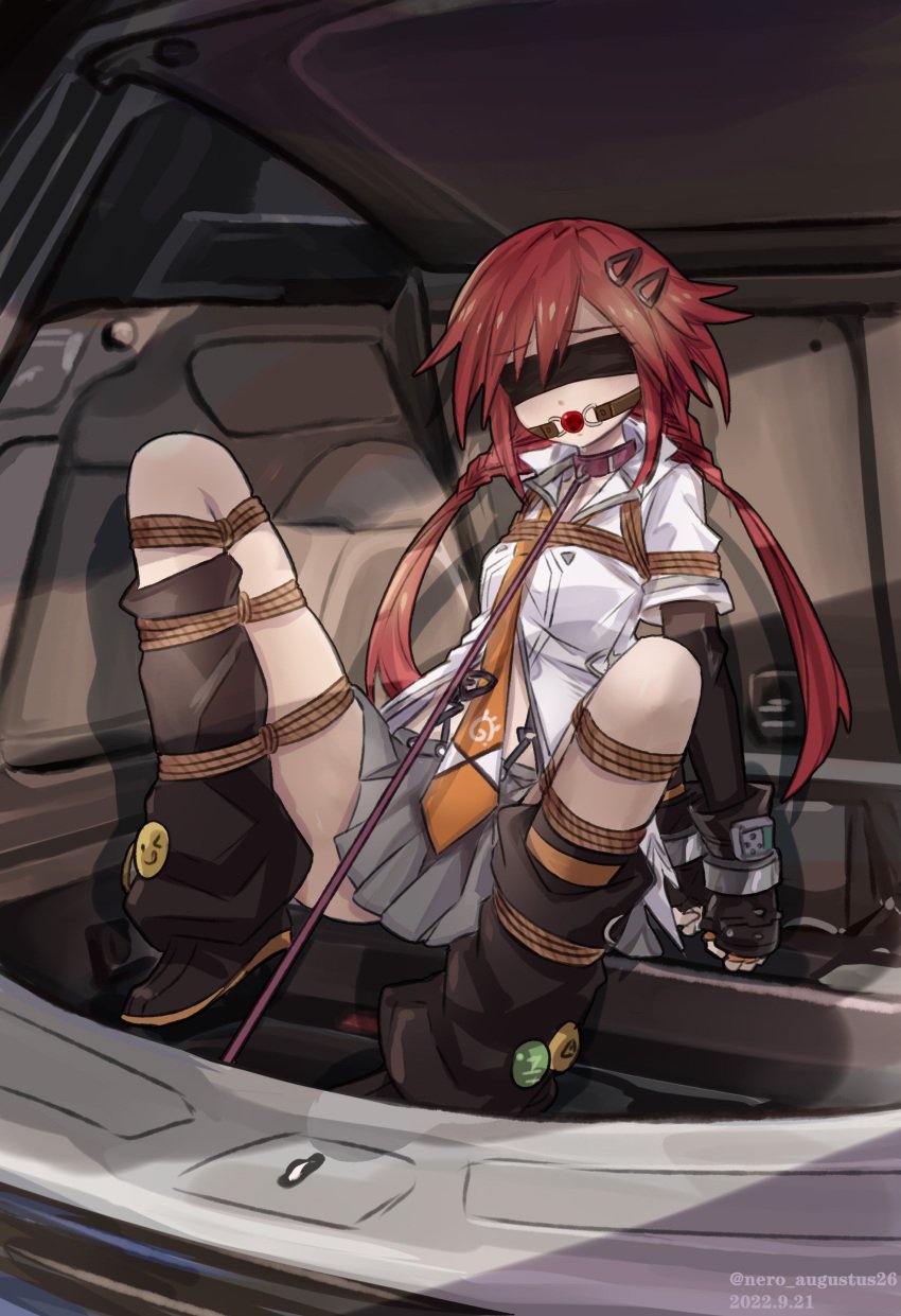 black_socks blindfold bondage car clothed collar female_only gagged hairclip handcuffs inside_car kneehighs light-skinned_female loose_socks neptunia_(series) nero_augustus red_hair restrained rope_bondage socks solo tie tied_up twintails uzume_tennouboshi