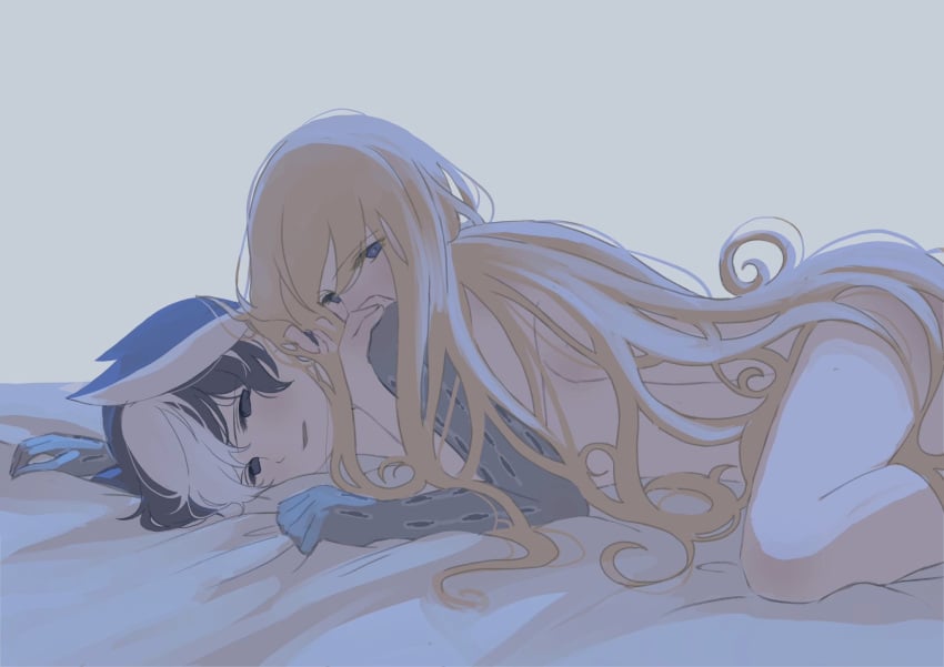 2girls another_ver_da black_and_white_hair black_eyes black_hair blonde_hair blue_eyes body_markings completely_nude female female_only intimate long_hair looking_at_viewer lying_on_person lyza_(made_in_abyss) made_in_abyss nude on_bed on_stomach ozen short_hair teacher_and_student two_tone_hair very_long_hair wavy_hair wholesome yuri