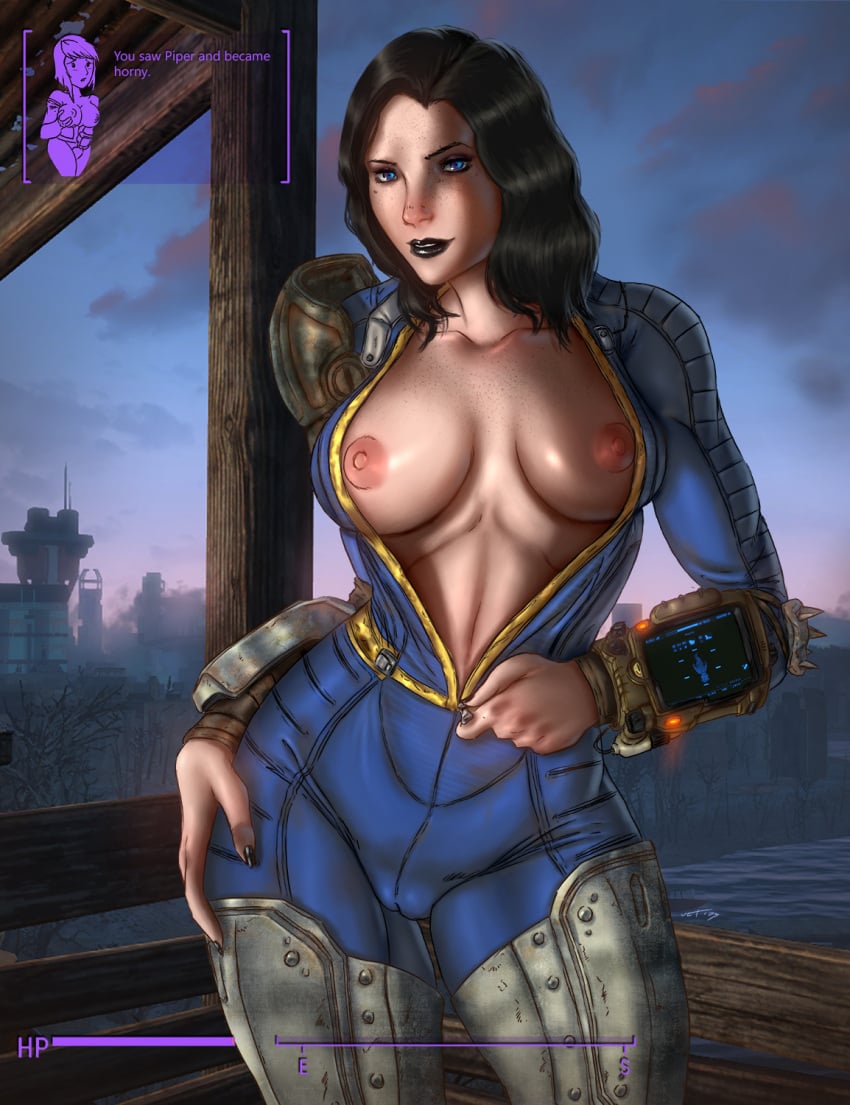 1girls areolae armor big_breasts black_hair blue_eyes bodysuit english_text fallout fallout_4 female_only freckles freckles_on_chest gameplay_mechanics jumpsuit looking_at_viewer medium_hair nipples nora_(fallout_4) pip-boy sole_survivor sole_survivor_(female) solo solo_female text ultamisia unzipped unzipped_bodysuit unzipping vault_suit