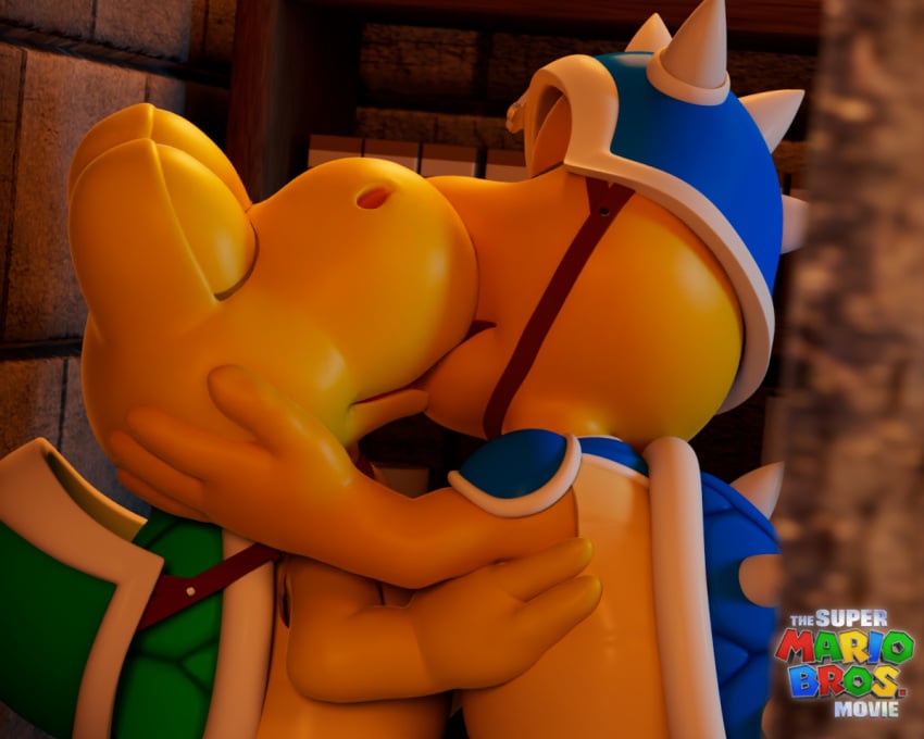 3d 3d_(artwork) anthro blue_shell cinnamoncookies closed_eyes gay homosexual kissing koopa koopa_general koopa_troopa male mario_(series) nintendo super_mario_bros._(2023_film) tagme