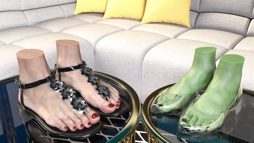 2girls 3d 3d_(artwork) disembodied_feet female_only green_skin inviting_to_sex natural_body_magic nbm sandals toenail_polish