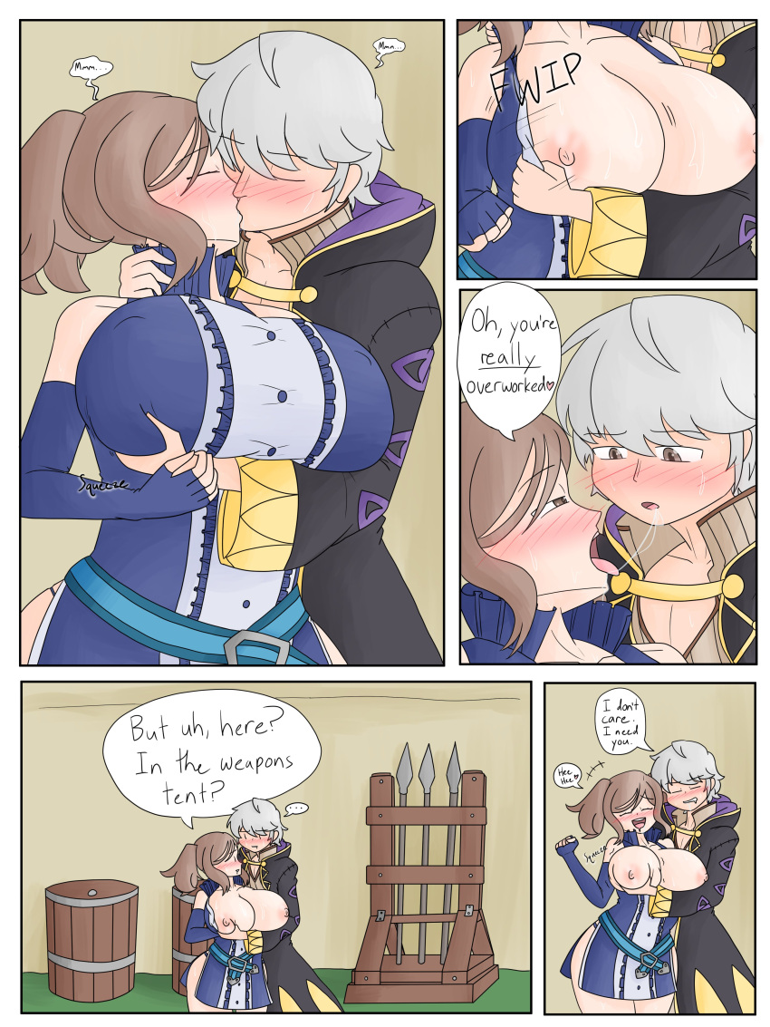 1boy 1girls barrel blush breast_grab brown_eyes brown_hair cynthia_(fire_emblem) exposed_breasts female fire_emblem fire_emblem_awakening groping huge_breasts imminent_sex kissing male nintendo nipple_bulge nipples petelewddigger robin_(fire_emblem) robin_(fire_emblem)_(male) saliva_trail sound_effects spear speech_bubble sweat tent text thick_thighs weapon_rack