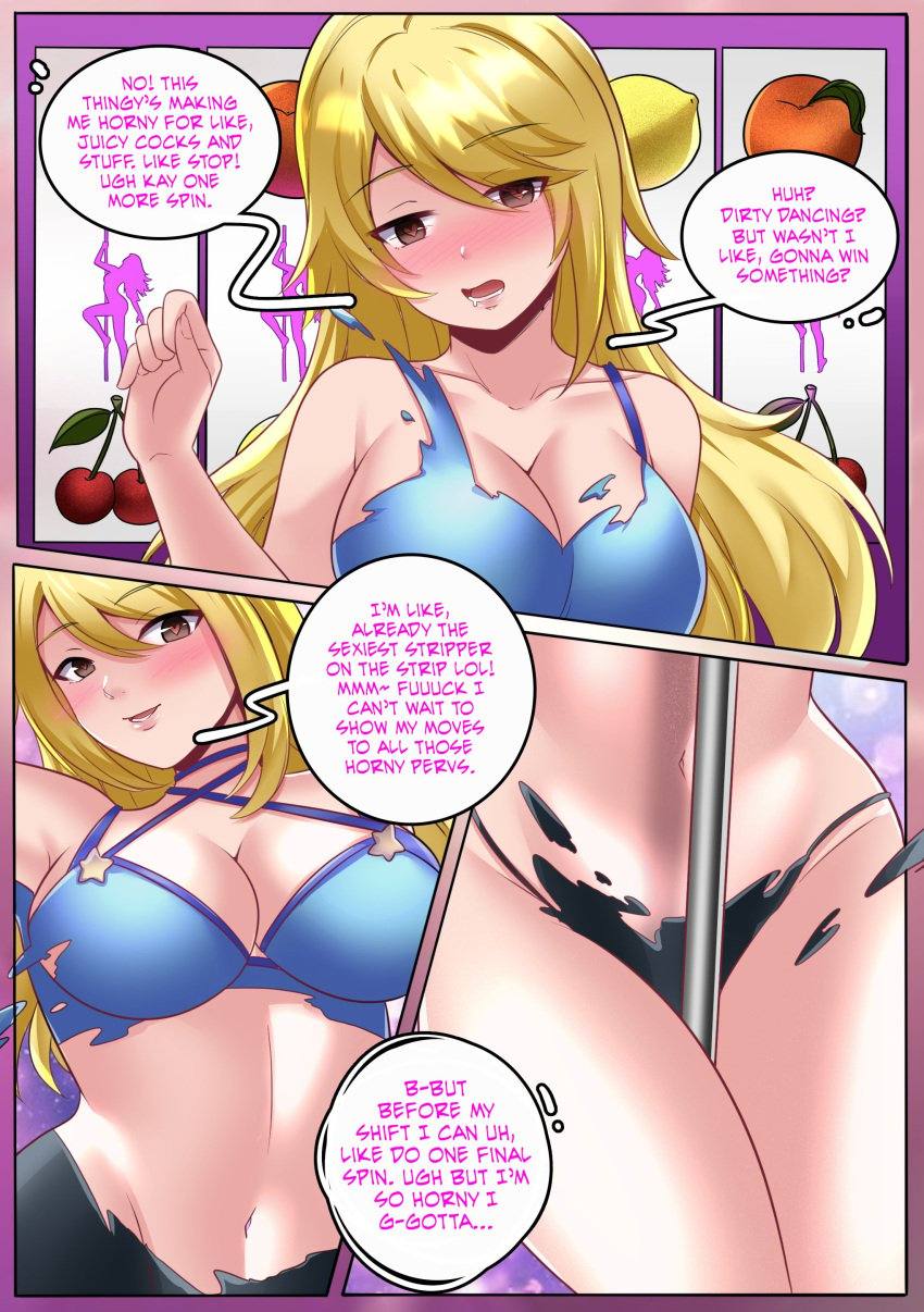 1girls ass ass_expansion belly big_ass big_breasts big_butt bimbo bimbofication blonde_hair blush brain_drain brainwashing breast_expansion color comic comic_page drooling english_text gender_transformation glasses grabbing_own_breast hair_color_change hair_growth heart-shaped_pupils horny male_to_female meowwithme(artist) mind_control nipples original original_character personality_change pussy ripped_clothing rule_63 sexuality_change smile stripper stripper_pole sweat text thick_thighs tongue transformation wardrobe_malfunction