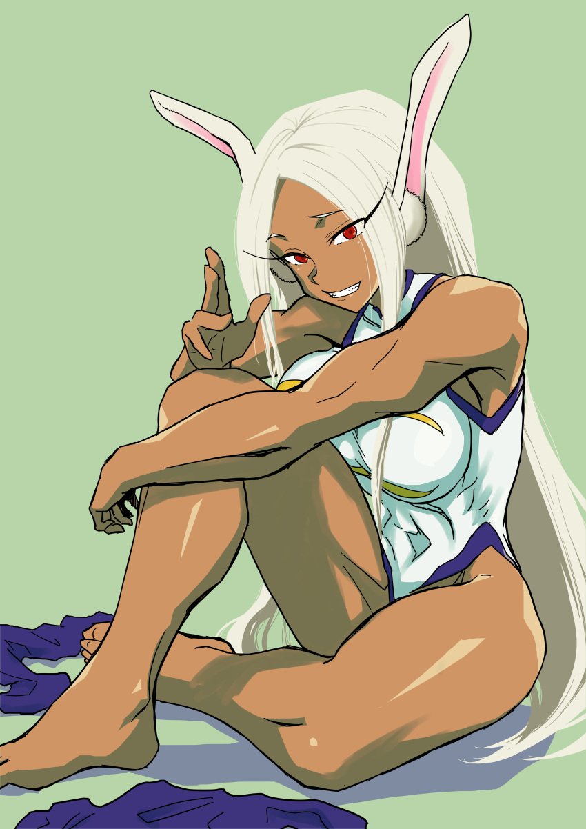 1girls absurdres animal_ears bare_arms bare_legs bare_shoulders barefoot breasts crescent_print damos_(child_flame) dark-skinned_female dark_skin female full_body green_background hand_up highleg highleg_leotard highres knee_up large_breasts leotard long_eyelashes long_hair looking_at_viewer miruko muscular muscular_female my_hero_academia parted_bangs purple_thighhighs rabbit_ears rabbit_girl raised_eyebrows red_eyes rumi_usagiyama shounen_jump sitting sleeveless_turtleneck_leotard smile solo taut_leotard thighhighs thighhighs_removed thighs white_hair white_leotard