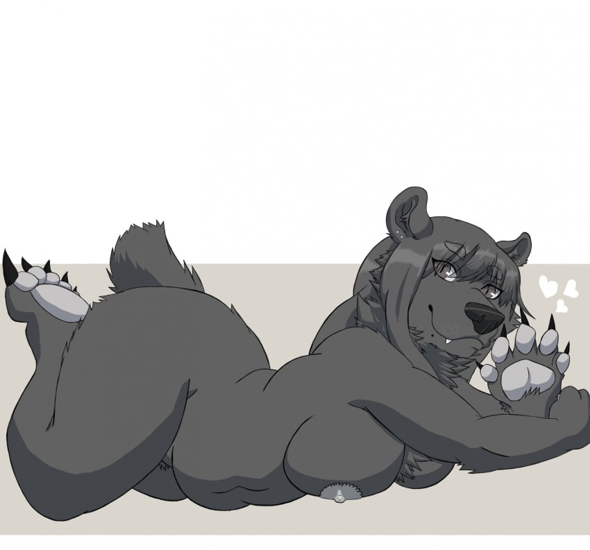 anthro ass bear big_breasts big_butt black_bear blue_dingolf breasts cel_shading chubby_female claws digital_media_(artwork) ear_piercing eyebrows eyelashes fat_belly female fluffy_chest fur galette(galette) gesture grey_body grey_eyes grey_fur grey_pawpads hair handpaw hi_res hindpaw long_hair looking_at_viewer lying mammal moon_bear navel neck_tuft nipples nude on_front pawpads paws piercing plantigrade shaded short_tail simple_background slightly_chubby smile solo tail tasteful_nudity thick_eyebrows tuft ursine waving waving_at_viewer