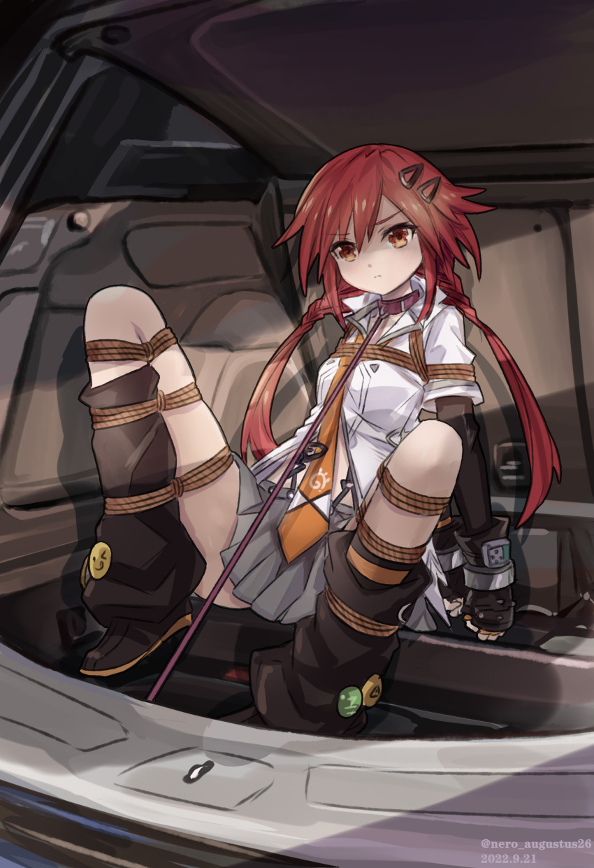 black_socks bondage car closed_mouth clothed collar female_only hairclip handcuffs inside_car kneehighs light-skinned_female loose_socks neptunia_(series) nero_augustus orange_eyes red_hair restrained rope_bondage socks solo tie tied_up twintails uzume_tennouboshi