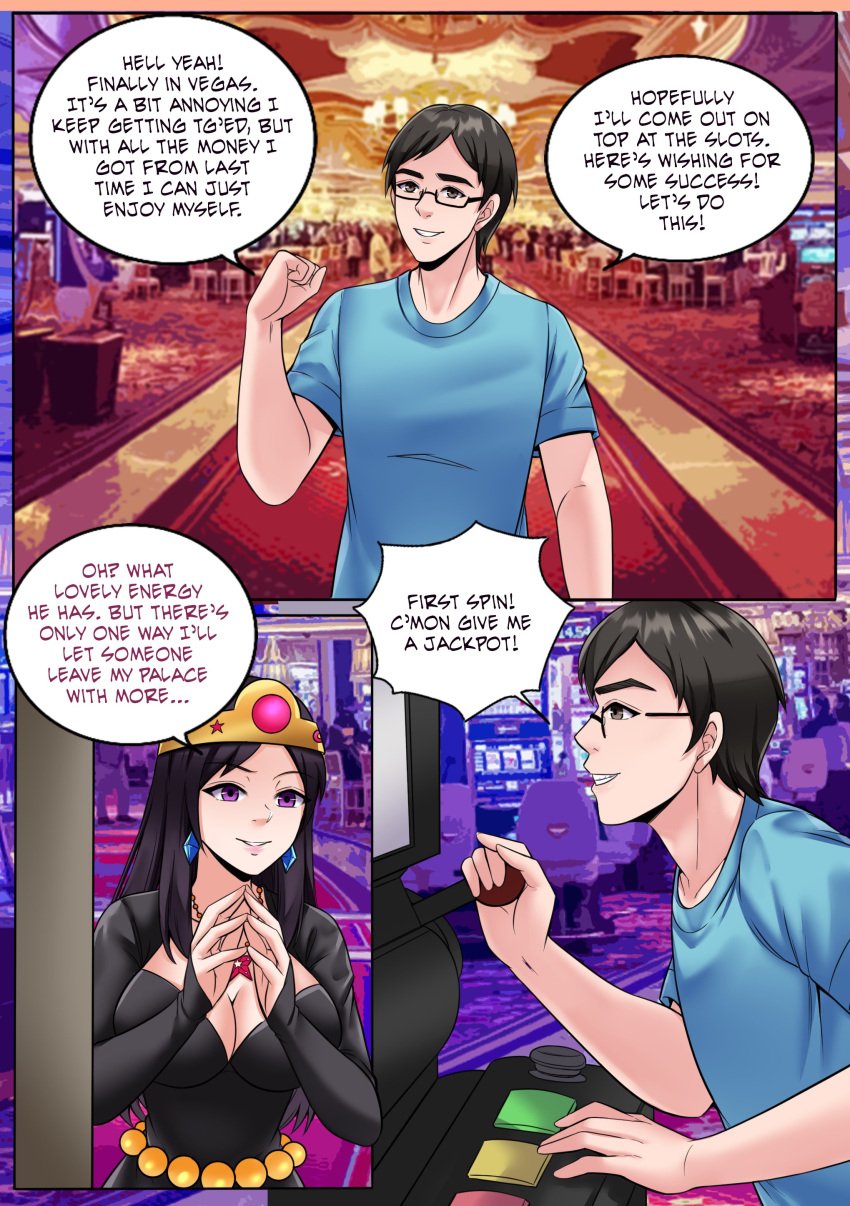 1boy black_hair casino color comic comic_page english_text gender_transformation glasses male_to_female meowwithme(artist) original original_character rule_63 text