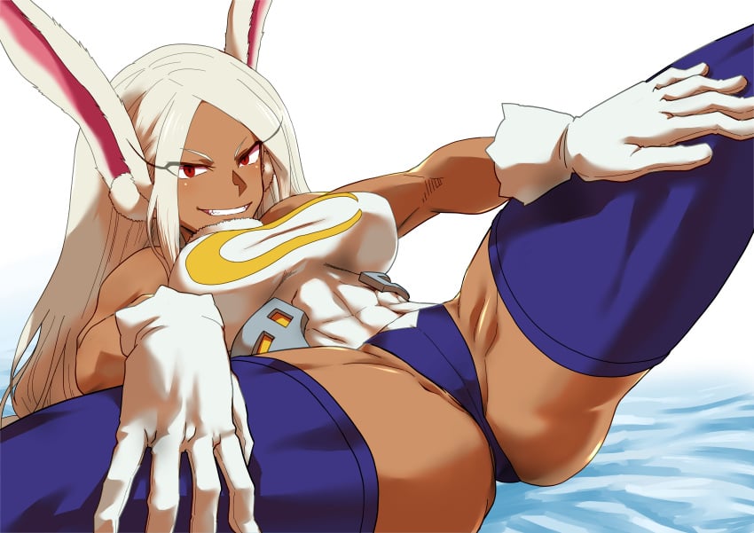 1girls absurdres animal_ears bare_shoulders blue_thighhighs breasts covered_abs covered_navel crescent_print damos_(child_flame) dark-skinned_female dark_skin female fur_collar gloves grin hands_on_own_thighs highres large_breasts leotard long_eyelashes long_hair looking_at_viewer lying miruko muscular muscular_female my_hero_academia on_back parted_bangs presenting rabbit_ears rabbit_girl red_eyes rumi_usagiyama shounen_jump sleeveless_turtleneck_leotard smile solo spread_legs taut_leotard thick_thighs thighhighs thighs white_gloves white_hair white_leotard