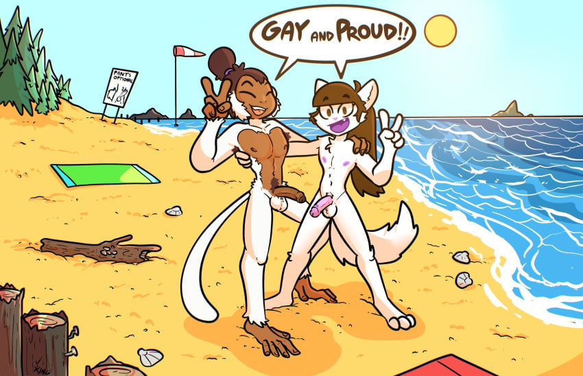 anthro balls beach brown_body brown_hair brown_penis brown_skin closed_eyes dialogue domestic_cat duo english_text fangs felid feline felis foreskin fur genitals gesture hair half-erect haplorhine hi_res humanoid_genitalia humanoid_penis long_hair male male/male mammal monkey monkey_boy monkey_feet open_mouth open_smile penis pink_penis prehensile_feet primate seaside smile speech_bubble teeth text the_xing1 v_sign white_body white_fur wide_eyed