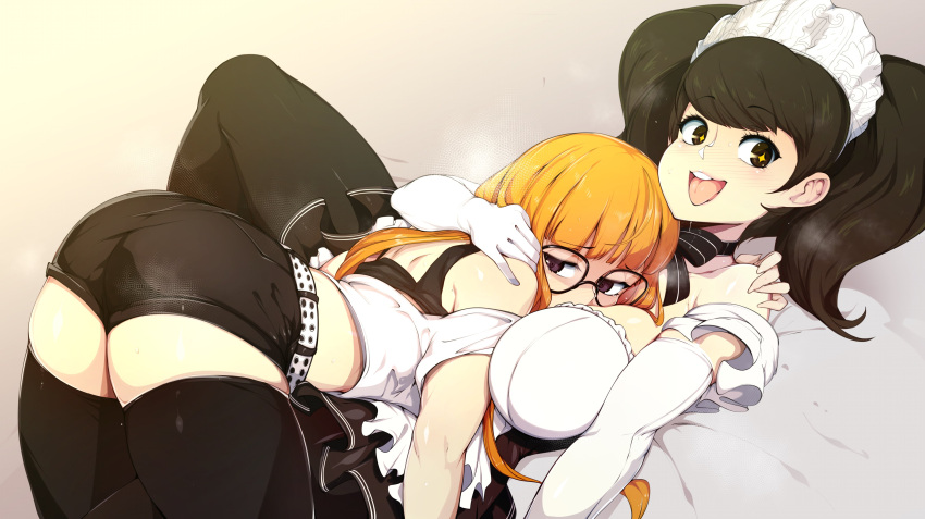 2girls becky_(persona) big_breasts brown_hair female female_only fully_clothed glasses gloves maid multiple_girls orange_hair persona persona_5 sadayo_kawakami sakura_futaba slugbox