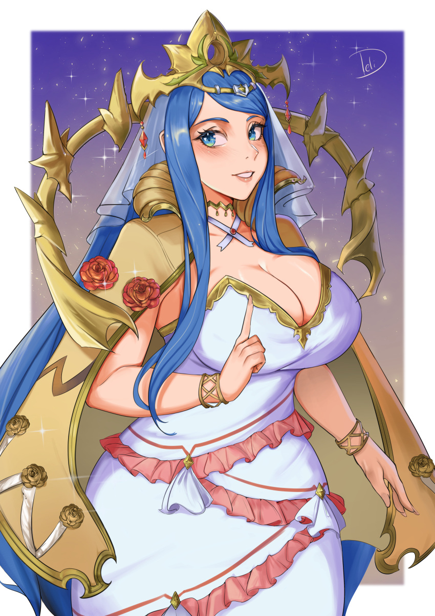 1girls absurdres blue_eyes blue_hair bracelet breasts cape cleavage commentary cowboy_shot crown delicious_brain deliciousbra dress female female female_only fire_emblem fire_emblem_engage grin highres jewelry large_breasts long_hair looking_at_viewer lumera_(fire_emblem) nintendo smile solo sparkle standing strapless strapless_dress veil very_long_hair white_dress yellow_cape