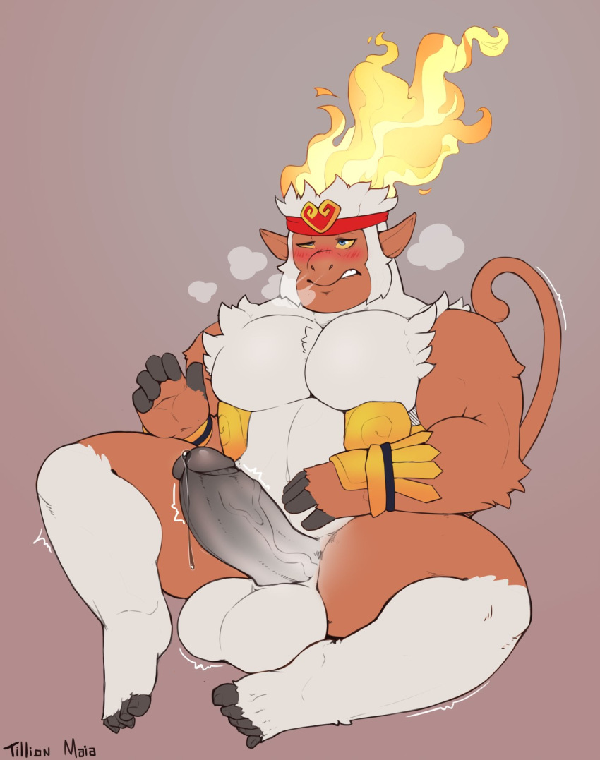 anthro balls bara barazoku big_balls big_penis biting_lip biting_own_lip blush boner erection fire fire_hair furry horny infernape male male_only monkey muscles muscular nintendo nude penis pokemon pokemon_(species) precum red_fur solo solo_male steamy_breath tail throbbing throbbing_penis tilionmaia white_fur