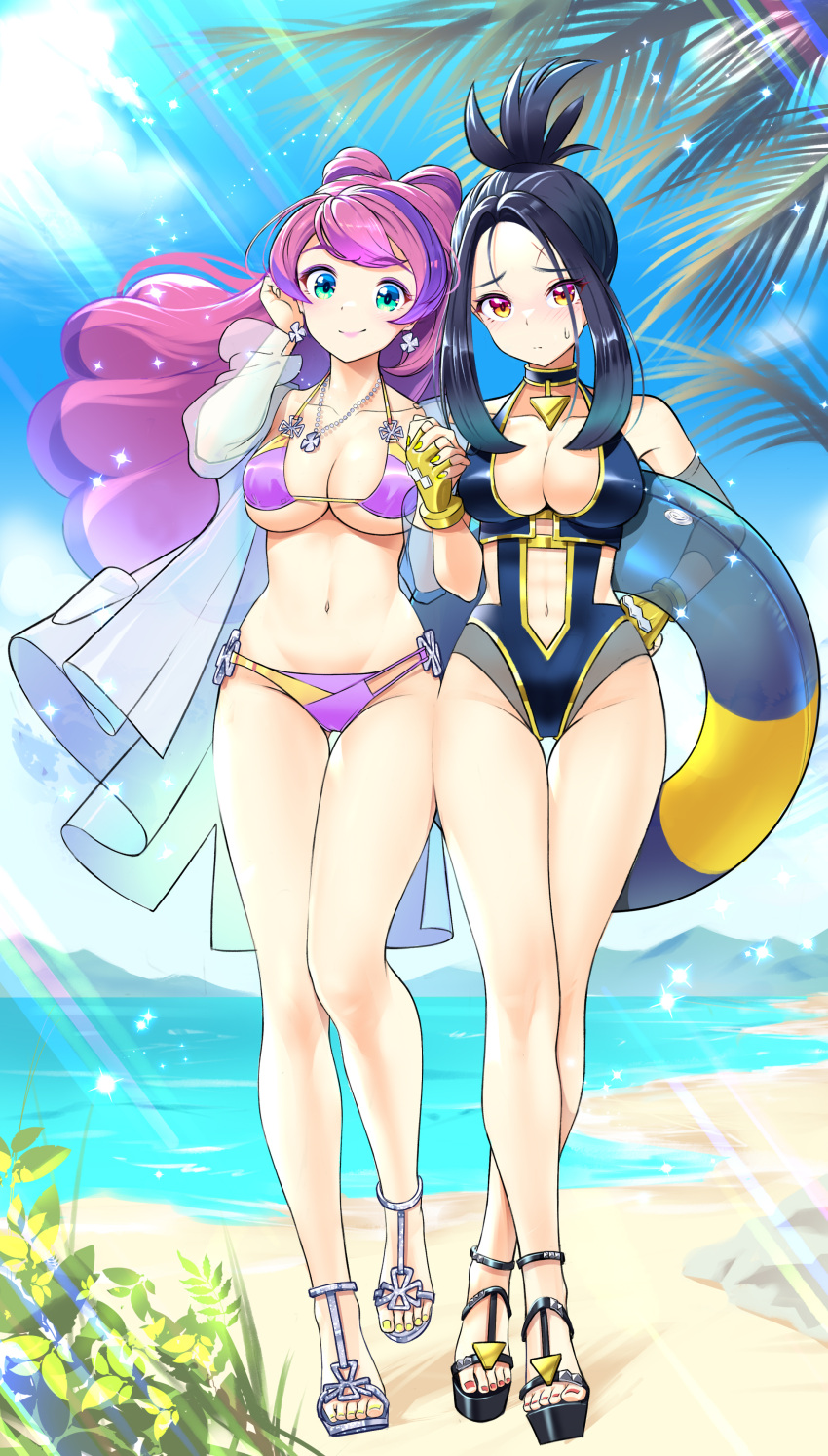 2girls beach bikini black_hair black_one-piece_swimsuit black_swimsuit breasts clouds dendra_(pokemon) earrings female female_only fingerless_gloves gloves green_eyes holding_hands holding_innertube innertube labcoat large_breasts long_hair looking_at_viewer midriff miriam_(pokemon) multiple_girls nail_polish navel necklace nintendo ocean one-piece_swimsuit outside painted_fingernails painted_toenails palm_tree pokemon pokemon_sv purple_bikini purple_hair purple_swimsuit red_nails sandals scar scar_on_face short_hair short_hair_with_long_locks sky swimsuit tm_(hanamakisan) water yellow_eyes yellow_nails