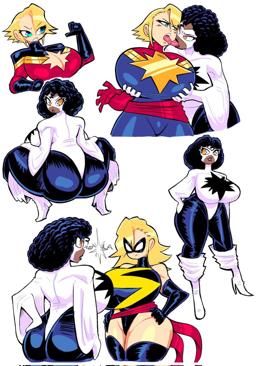 2girls ass big_ass big_breasts captain_marvel carol_danvers chocolate_and_vanilla chocolate_and_vanilla_yuri dark-skinned_female dark_skin female female_only french_kiss giant_breasts high_heel_boots huge_ass huge_breasts human human_only interracial interracial_yuri lesbian light-skinned_female light_skin marvel marvel_comics monica_rambeau ms._marvel ms._marvel_(carol_danvers) multiple_girls photon_(marvel) theguywhodrawsalot thick_thighs yuri