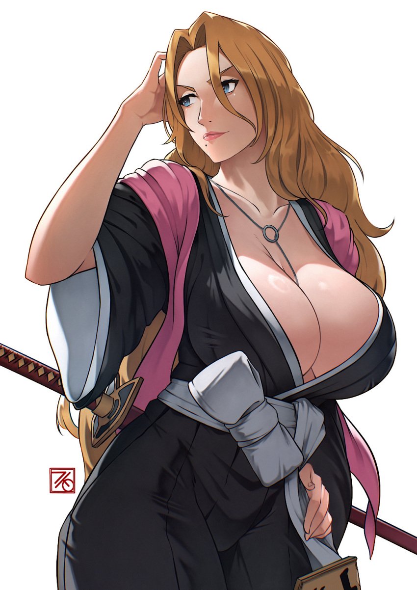 1girls adjusting_hair arm_up badge big_breasts black_kimono bleach blonde_hair blue_eyes breasts breasts_bigger_than_head closed_mouth facing_to_the_side female female_only fukutaichou_badge hand_on_own_hip highres huge_breasts japanese_clothes jewelry katana kimono large_breasts law_kim lips long_hair matsumoto_rangiku mole mole_under_mouth necklace o-ring pink_shawl sagging_breasts shawl sheath_(weapon) sheathed short_sleeves solo sword voluptuous voluptuous_female weapon white_background wide_sleeves