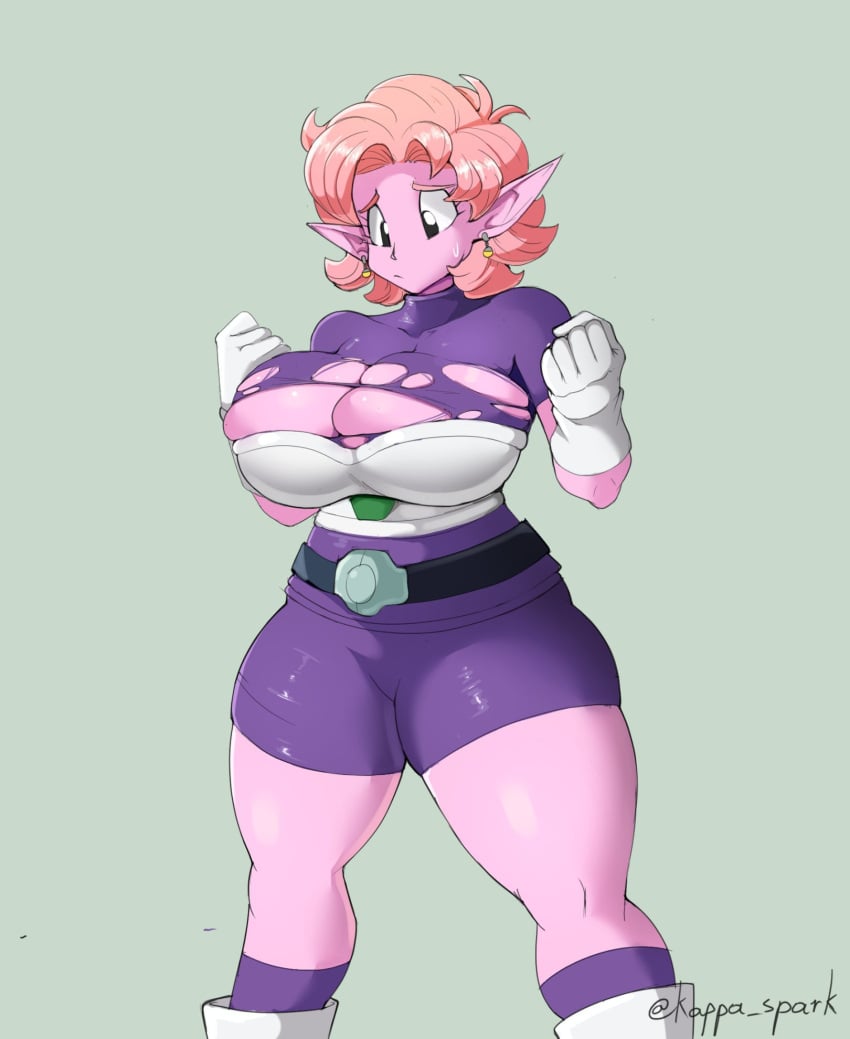 1girls armor big_breasts cheelai_(cosplay) chronoa cleavage cosplay dragon_ball dragon_ball_heroes dragon_ball_xenoverse earrings eyebrows eyelashes female female_only gloves goddess kappa_spark large_breasts pink_hair pink_skin pointy_ears ripped_clothing solo solo_female solo_focus thick_thighs thighs white_gloves wide_hips