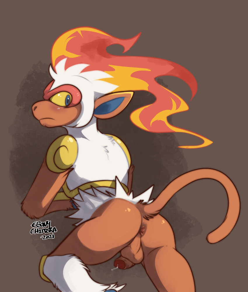 anthro ass backsack balls blush ebonychimera fire fire_hair furry infernape looking_back male male_only monkey nintendo nude penis pokemon pokemon_(species) precum red_fur solo solo_male tail white_fur