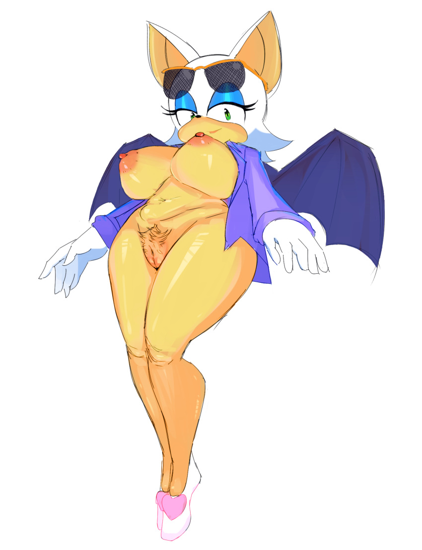 absurd_res anthro bat bat_wings big_breasts breasts clothing edalv edolov eyewear eyewear_on_head female genitals hi_res huge_breasts jacket looking_at_viewer mammal membrane_(anatomy) membranous_wings mostly_nude pubes pussy rouge_the_bat sega simple_background smile solo sonic_(series) sonic_the_hedgehog_(series) sunglasses sunglasses_on_head the_murder_of_sonic_the_hedgehog topwear white_background wings