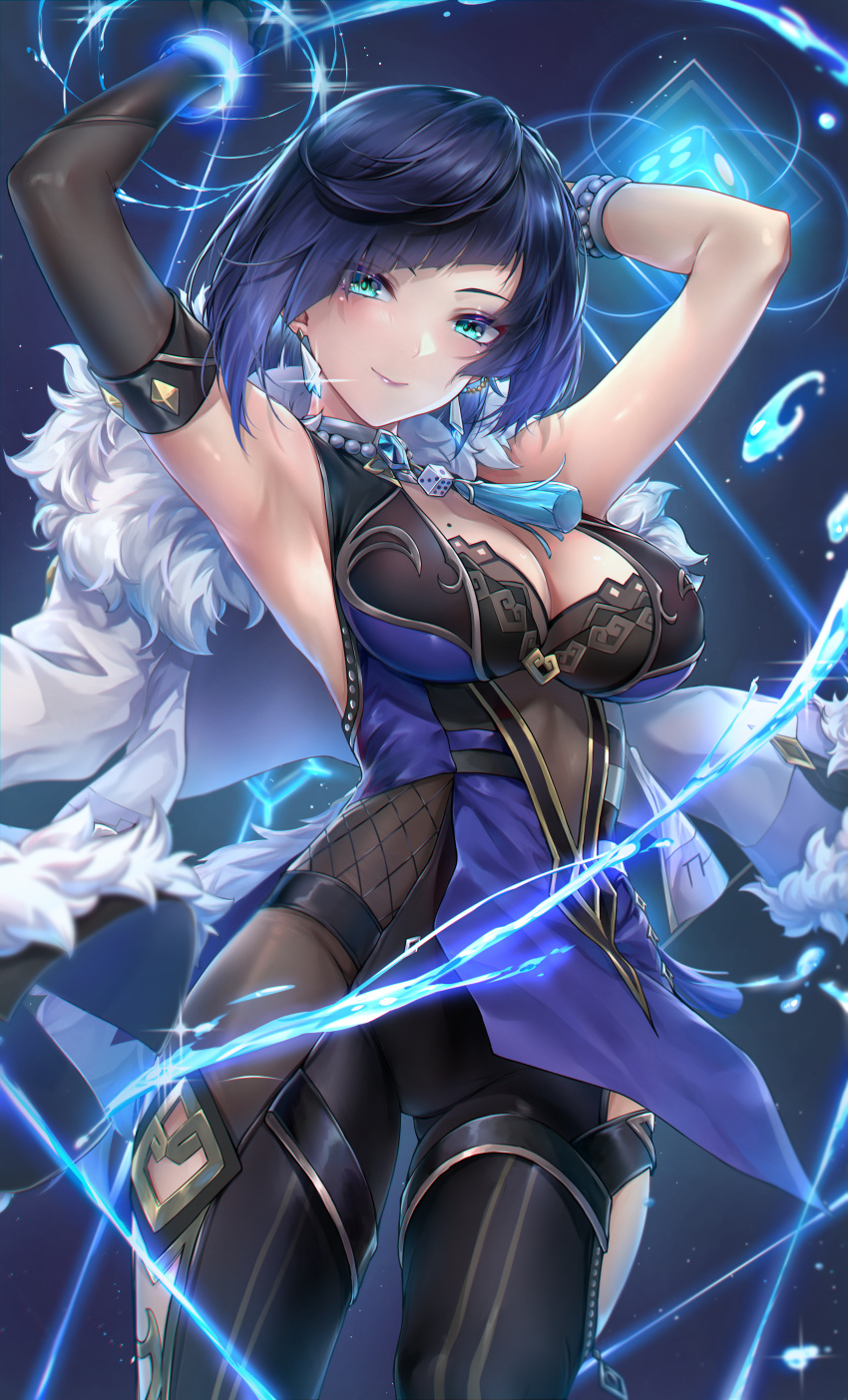 armpits big_breasts genshin_impact looking_at_viewer mole_on_breast rei_kun short_hair white_cape yelan_(genshin_impact)