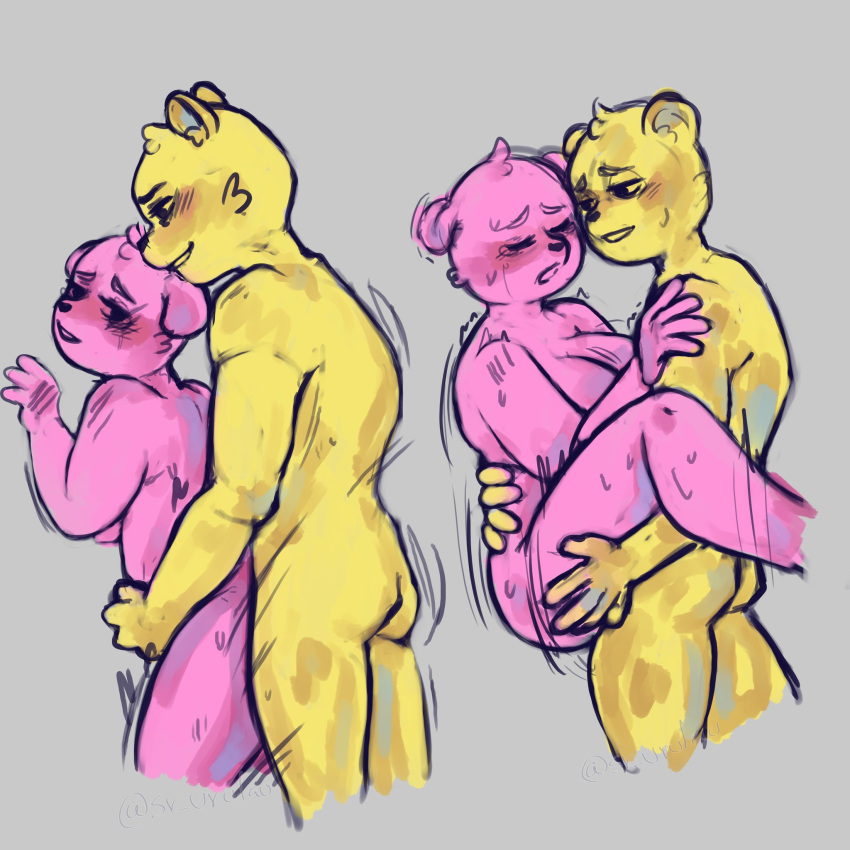 2boys against_wall anthro bear bear_ears chubby chubby_male coco_(unicorn_wars) enjoying gay gay_anal gay_sex gordi_(unicorn_wars) hand_on_ass hand_on_hip homosexual implied_anal implied_penetration implied_sex legs_up male male/male male_only male_penetrating naked pink_body pink_fur pink_skin sweat sweatdrop sweating unicorn_wars yellow_body yellow_fur yellow_skin