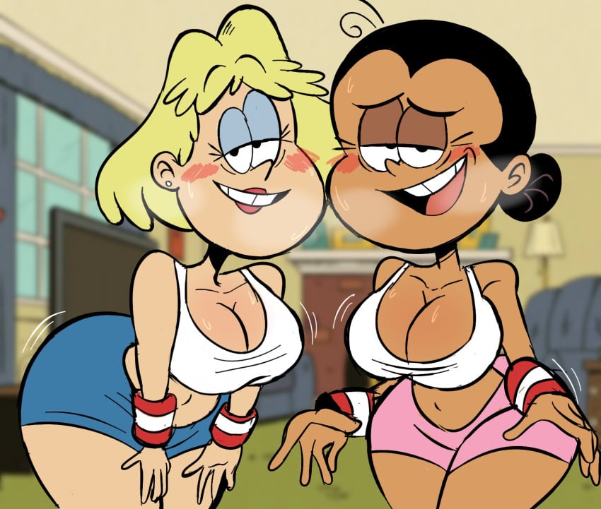 2girls armband big_breasts black_hair blonde_hair blush chocolate_and_vanilla cleavage dark-skinned_female dark_skin eyebrows eyelashes eyeliner eyeshadow female female_only instantnudeles large_breasts latina latina_milf light-skinned_female light_skin lipstick looking_at_viewer maria_santiago milf mother multiple_girls navel nickelodeon red_lipstick rita_loud steam steaming_body sweat sweatdrop sweating talking_to_viewer the_loud_house thick_thighs thighs wide_hips workout workout_clothes