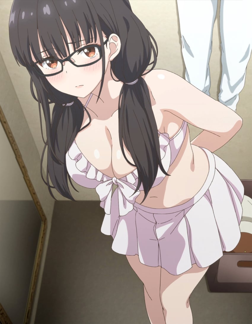 bikini bikini_skirt black_hair brown_eyes glasses irido_yume mamahaha_no_tsurego_ga_moto_kano_datta official_art screencap screenshot stitched swimsuit swimwear white_bikini white_swimsuit white_swimwear