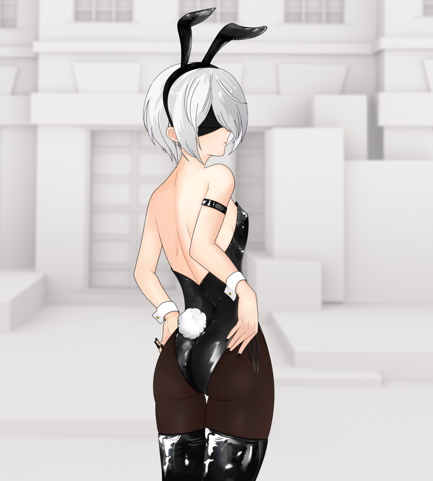 absurdres adjusting_clothes amrb animal_ears armband ass backless_outfit blindfold bodysuit boots fake_animal_ears fake_tail female highleg highleg_leotard highres latex latex_bodysuit latex_boots leotard nier:_automata nier_(series) pantyhose playboy_bunny rabbit_ears rabbit_tail side-tie_leotard strapless strapless_leotard tail thigh_boots thighs wrist_cuffs yorha_2b