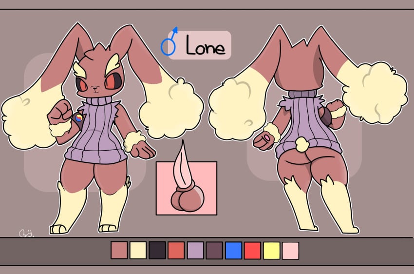 anthro black_sclera bottomless brown_body brown_fur clothed clothing drawcat13 fluffy fluffy_ears fluffy_tail fur generation_4_pokemon genitals grey_clothing grey_sweater grey_topwear hi_res lagomorph loné_(kyubeans) lopunny male mammal mega_stone nintendo penis pokemon pokemon_(species) red_eyes solo sweater tail topwear torn_clothing