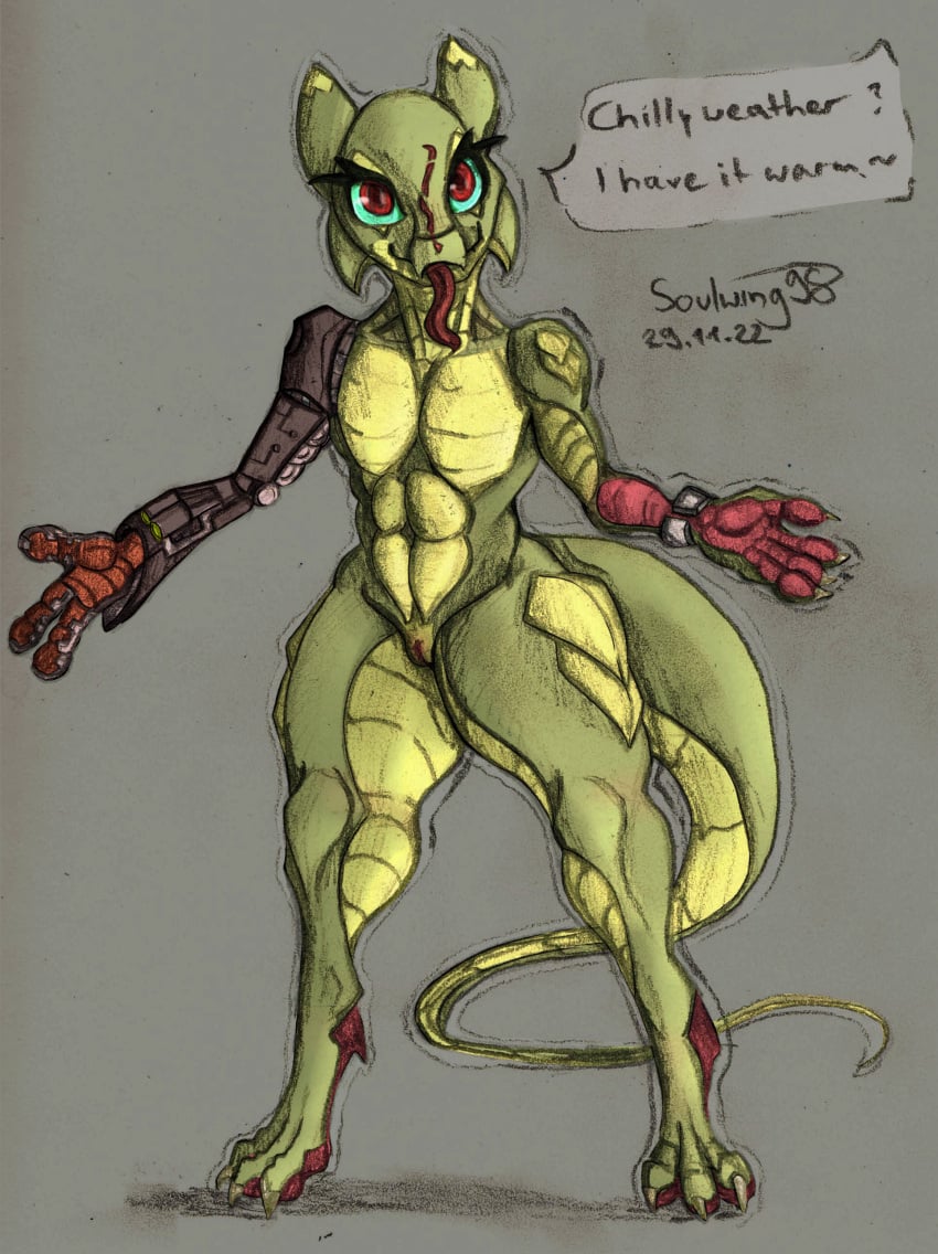 absurd_res artifical_arm digital_media_(artwork) evamal_(soulwing98) female green_body green_scales hi_res kobold nude scales soulwing98 speech_bubble traditional_media_(artwork)