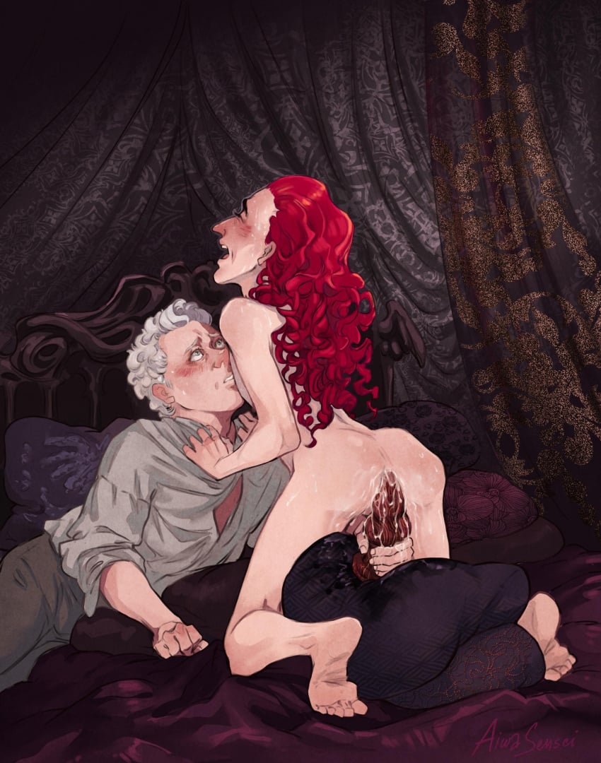 2boys aiwasensei anal_sex androgynous anthony_j_crowley aziraphale bed blush brown_dildo crowley feet gay good_omens long_hair male_only nude on_bed open_mouth red_hair sex_toy sheets toes wavy_hair white_hair yaoi