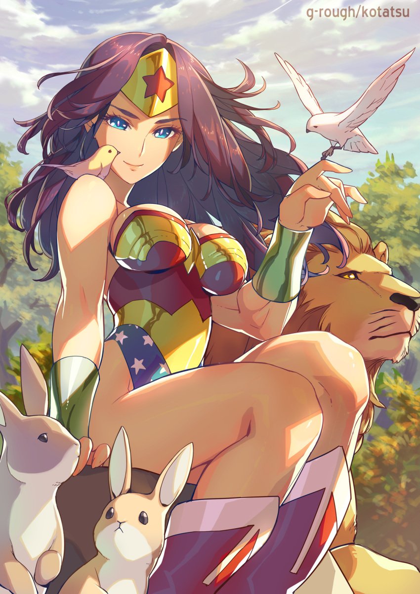 1girls amazon animals big_breasts bird black_hair blue_eyes bunny cleavage curvaceous curvy curvy_body curvy_female curvy_figure dc dc_comics diana_prince female female_only fully_clothed heroine kotatsu_(artist) lion outdoor outdoors rabbit solo solo_female superhero superheroine themysciran tiara voluptuous voluptuous_female wholesome wonder_woman wonder_woman_(series)