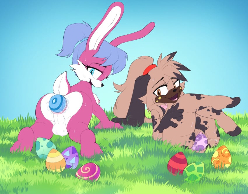 absurd_res all_fours alternate_species anthro anus ass backsack balls blue_eyes blue_hair breasts breioom brown_body brown_eyes brown_fur easter easter_egg egg egg_from_ass egg_from_pussy egg_laying female fur genitals grass gynomorph hair hi_res holidays intersex kate_the_wolf lagomorph leporid looking_at_viewer looking_back looking_back_at_viewer mammal naked nipples nude pink_body pink_fur plant ponytail presenting presenting_hindquarters presenting_pussy pussy rabbit sega sonic_(series) sonic_the_hedgehog_(series) zee_the_hyena