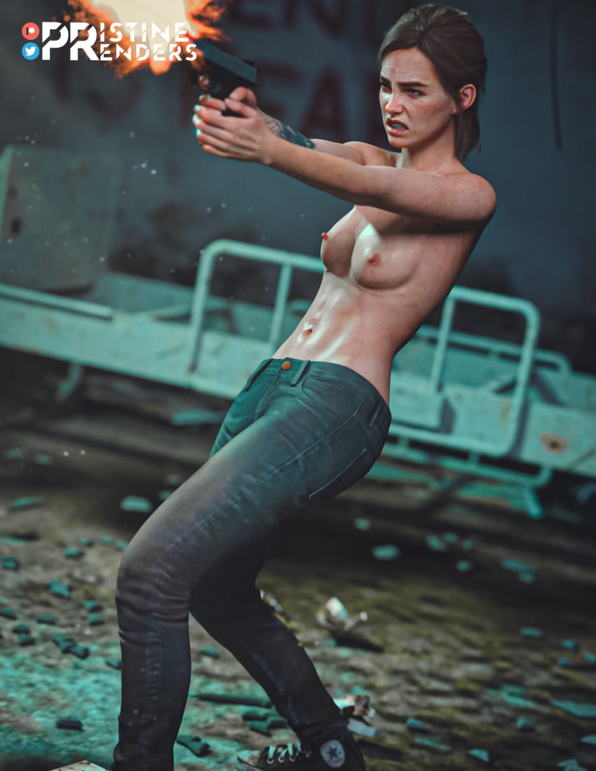 3d brown_hair casual casual_nudity casual_topless clothing detailed_background ellie_(the_last_of_us) ellie_williams female female_human firearm footwear gun hair handgun human light-skinned_female naughty_dog nipples nonsexual_nudity pale_skin partially_clothed pristinerenders shooting solo solo_female standing tattoo teeth the_last_of_us the_last_of_us_2 weapon