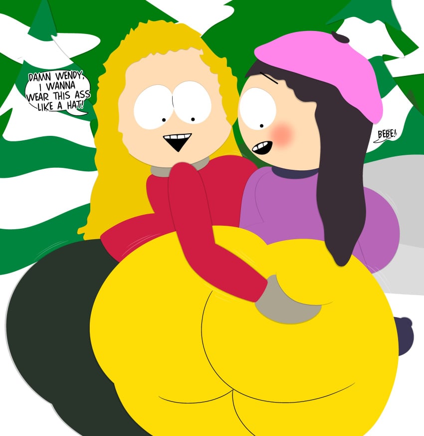 2girls 3barts accurate_art_style aged_up artstyle_imitation ass bebe_stevens big_ass black_hair blonde_hair blush blushing bubble_butt cute_girl duo english_text female female_focus female_only grabbing_ass huge_ass huge_breasts huge_thighs lesbian profanity purple_hat smiling south_park speech speech_bubble text wendy_testaburger white_skin yuri