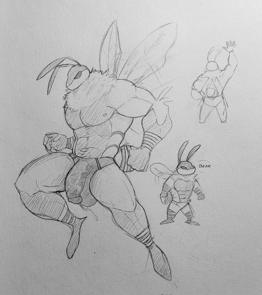 abs antennae_(anatomy) anthro arthropod balls bee big_balls big_penis bodily_fluids clothed clothing dripping english_text genital_fluids genitals graphite_(artwork) greyscale hi_res humanoid_genitalia humanoid_penis hymenopteran insects lewd_bunnie male monochrome muscular muscular_anthro muscular_male nipples nude partially_clothed pecs pencil_(artwork) penis precum precum_drip simple_background solo text traditional_media_(artwork) underwear white_background wings