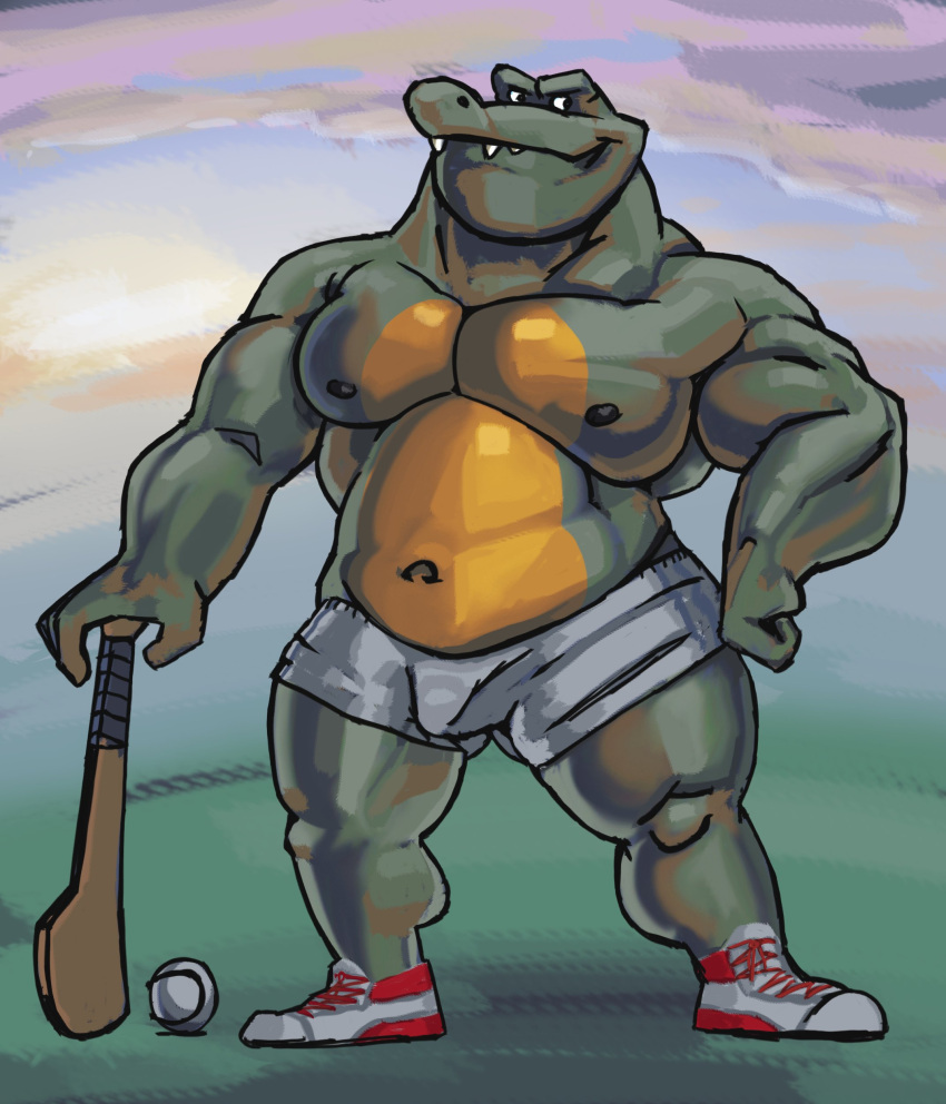 1boy absurd_res anthro anthro_only ball biceps birdy bottomwear bulge clothed clothing crocodilian footwear genital_outline hi_res male male_only navel nipples pecs penis_outline reptile scalie shoes shorts smile solo tenting topless